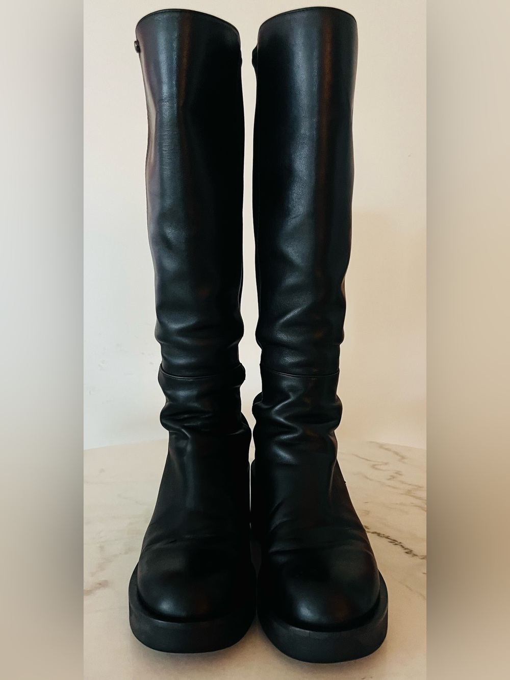 Stuart Weitzman Black Leather Knee High Block Heel Boots